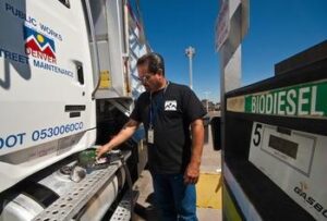A Denver fleet worker fuels a street maintenance vehicle with B20 biodiesel.
Photographer:
Pat Corkery