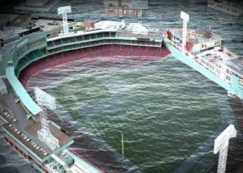 Red Sox fans take advantage of flooded Fenway Park during rain