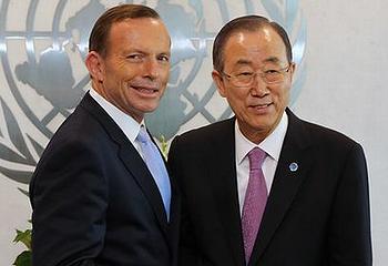 Australian Prime Minister Tony Abbott, left, meets with UN Secretary-General Ban Ki-moon at UN Headquarters, June 11, 2014. Ban has dedicated his administration to fighting climate change (Photo courtesy Office of the Prime Minister)