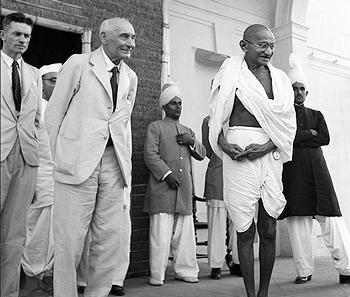 Mahatma Gandhi, right, with Lord Pathwick – Lawrence Secretary of State of Government. House G.P. & F.P.